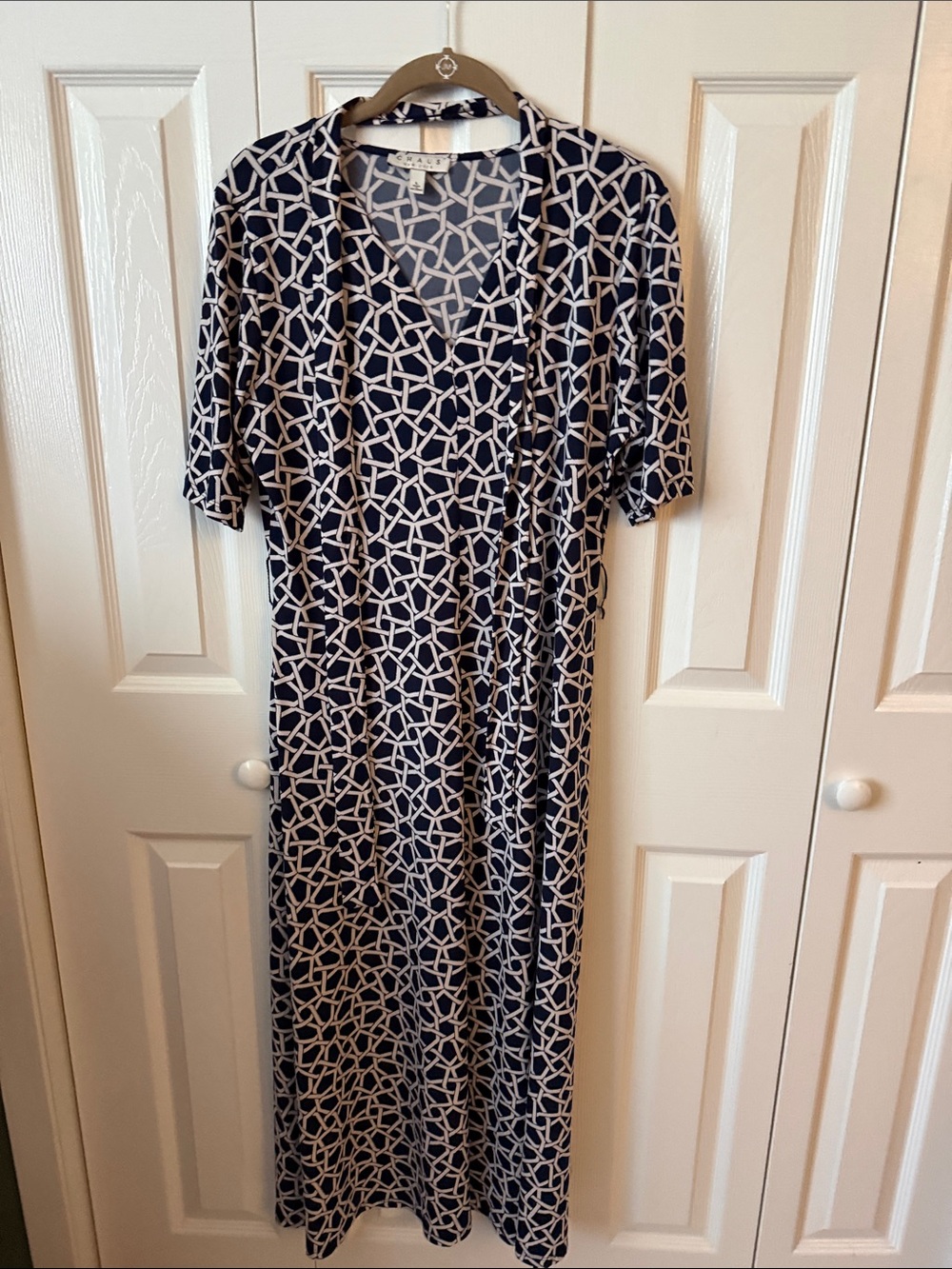 Chaus Navy and Cream Geometric V-Neck Maxi Dress